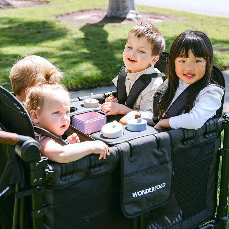 Flex snack tray table with side convertible 4 cup holders for stroller wagons