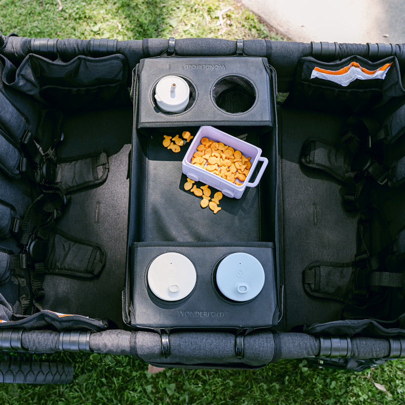 Flex snack tray table with side convertible 4 cup holders