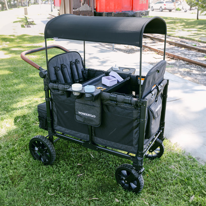 Flex snack tray table with side convertible 4 cup holders for stroller wagon