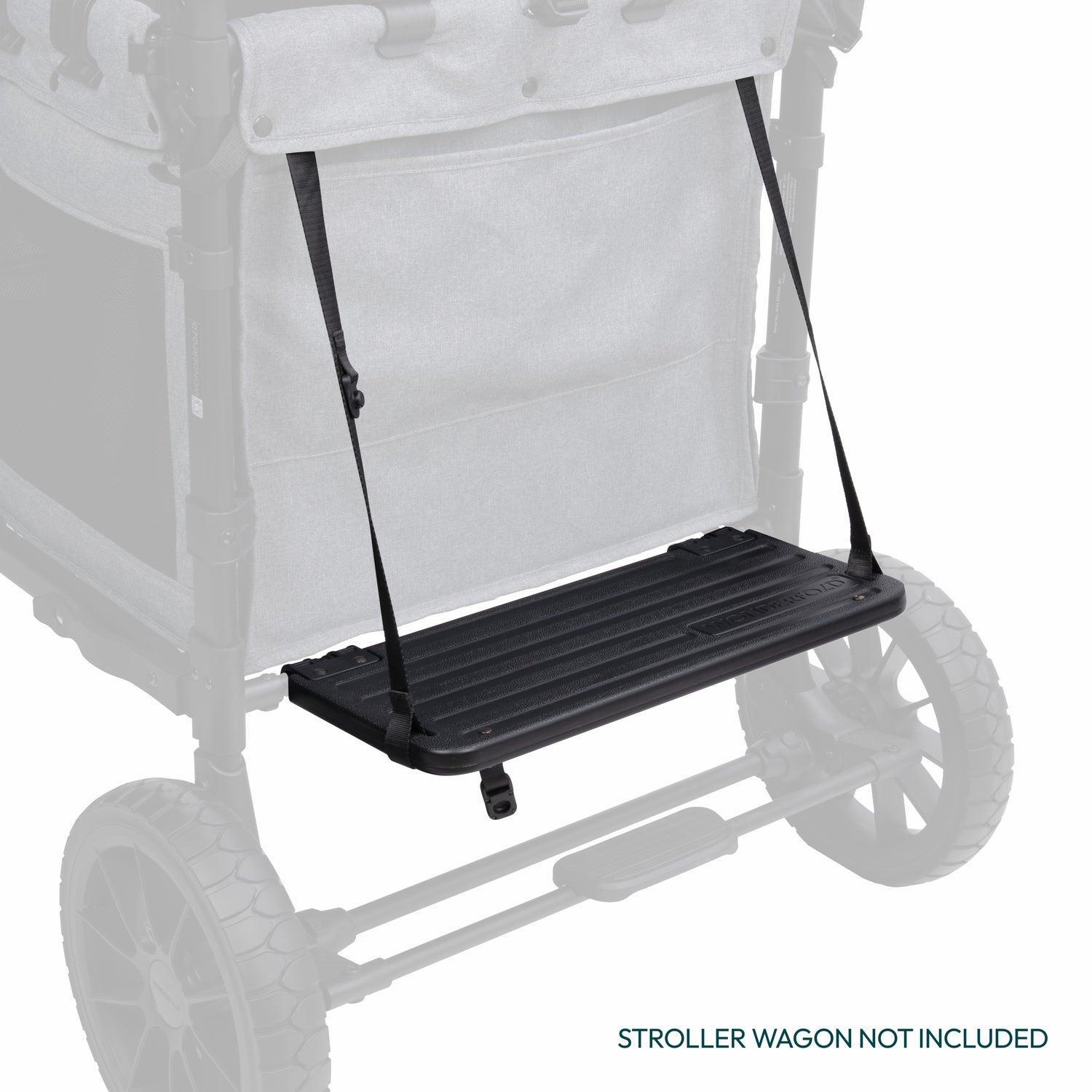 Back view of a WonderFold W4 stroller wagon with the Buddy Board accessory for additional standing space