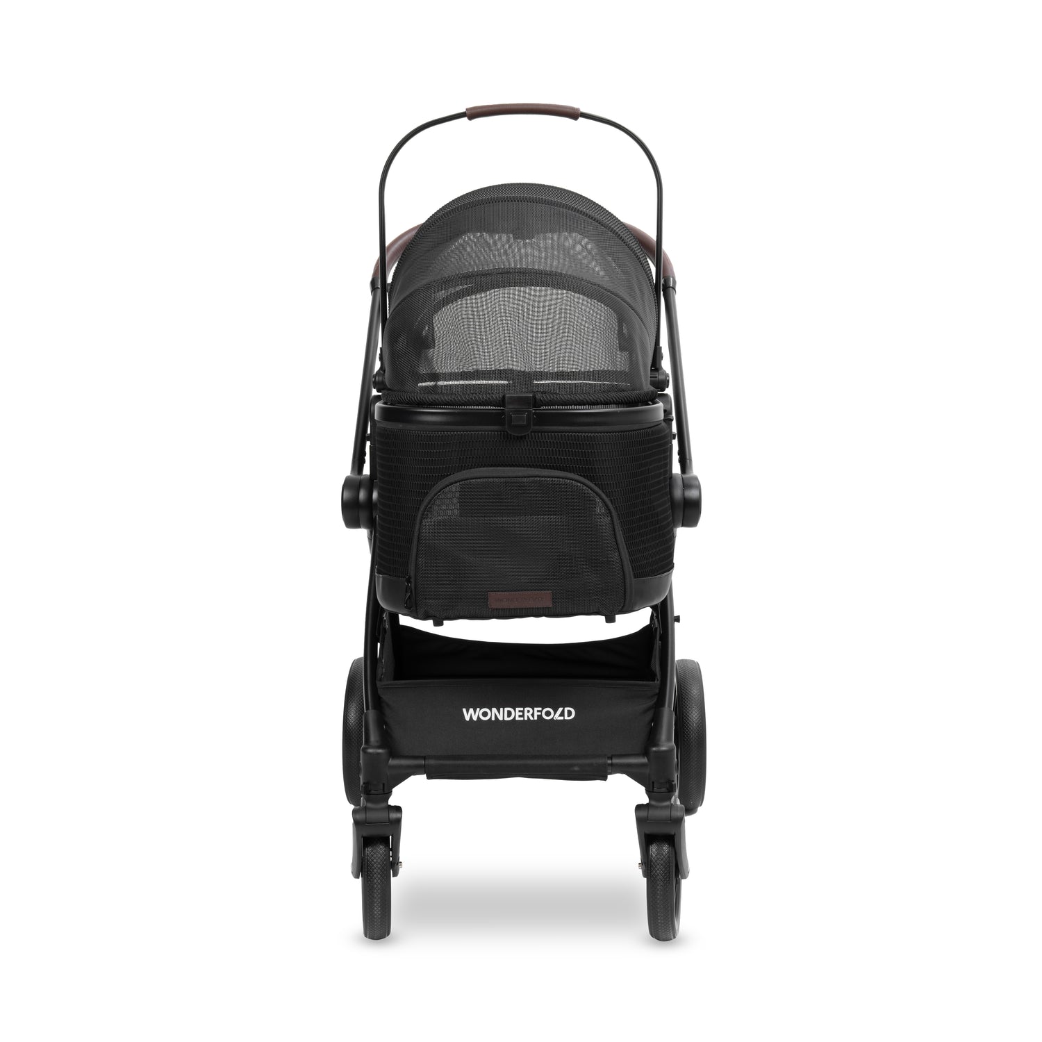 Front view of the P3 Pet Stroller with fully enclosed mesh canopy and storage basket below.