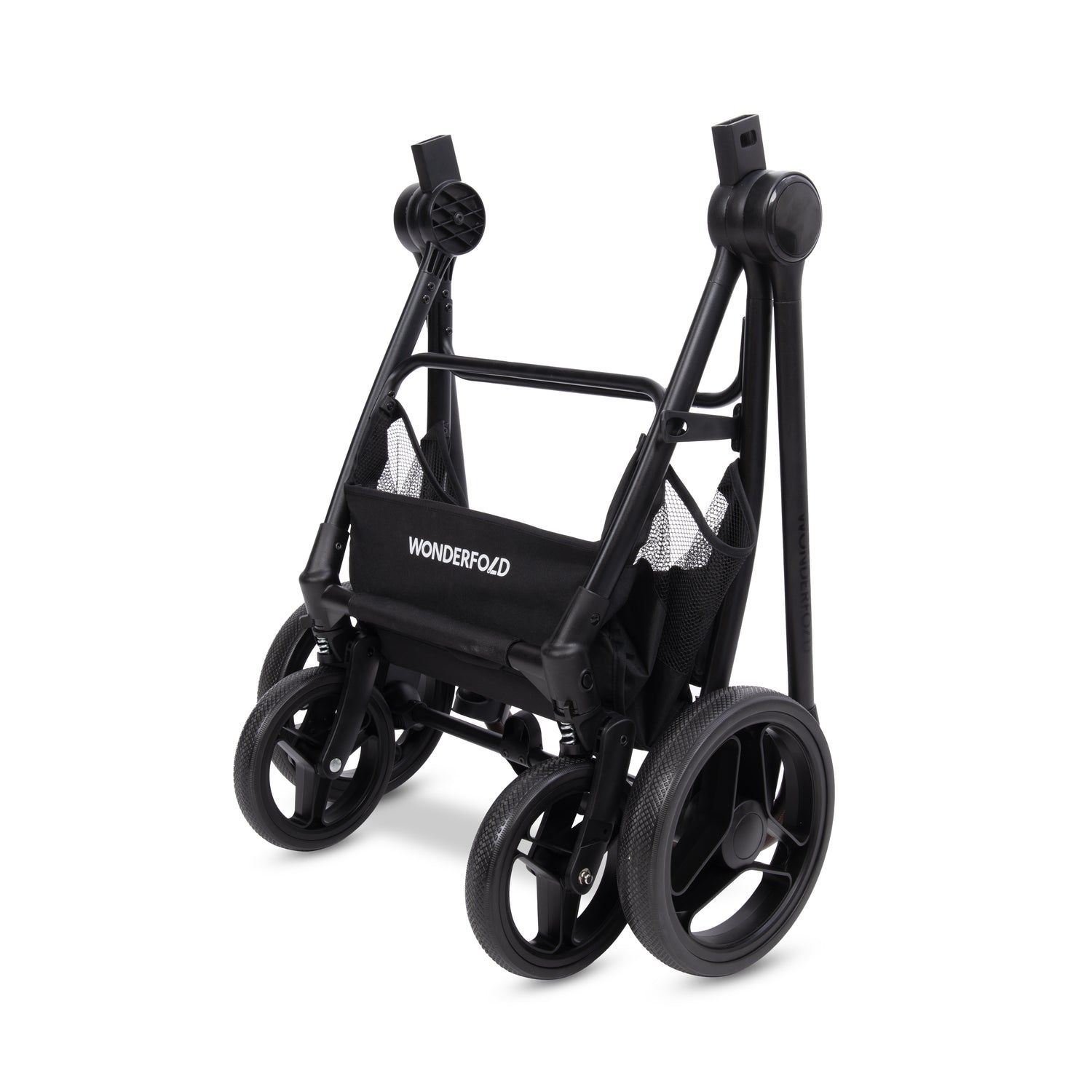 Folded frame of the P3 Pet Stroller showing its travel-friendly design.