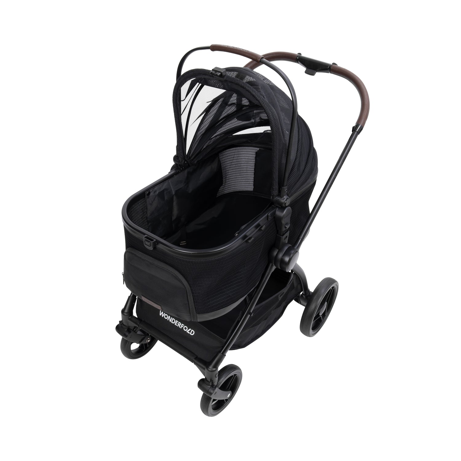 Top-down view of the P3 Pet Stroller with canopy open, revealing roomy and secure interior for pets.