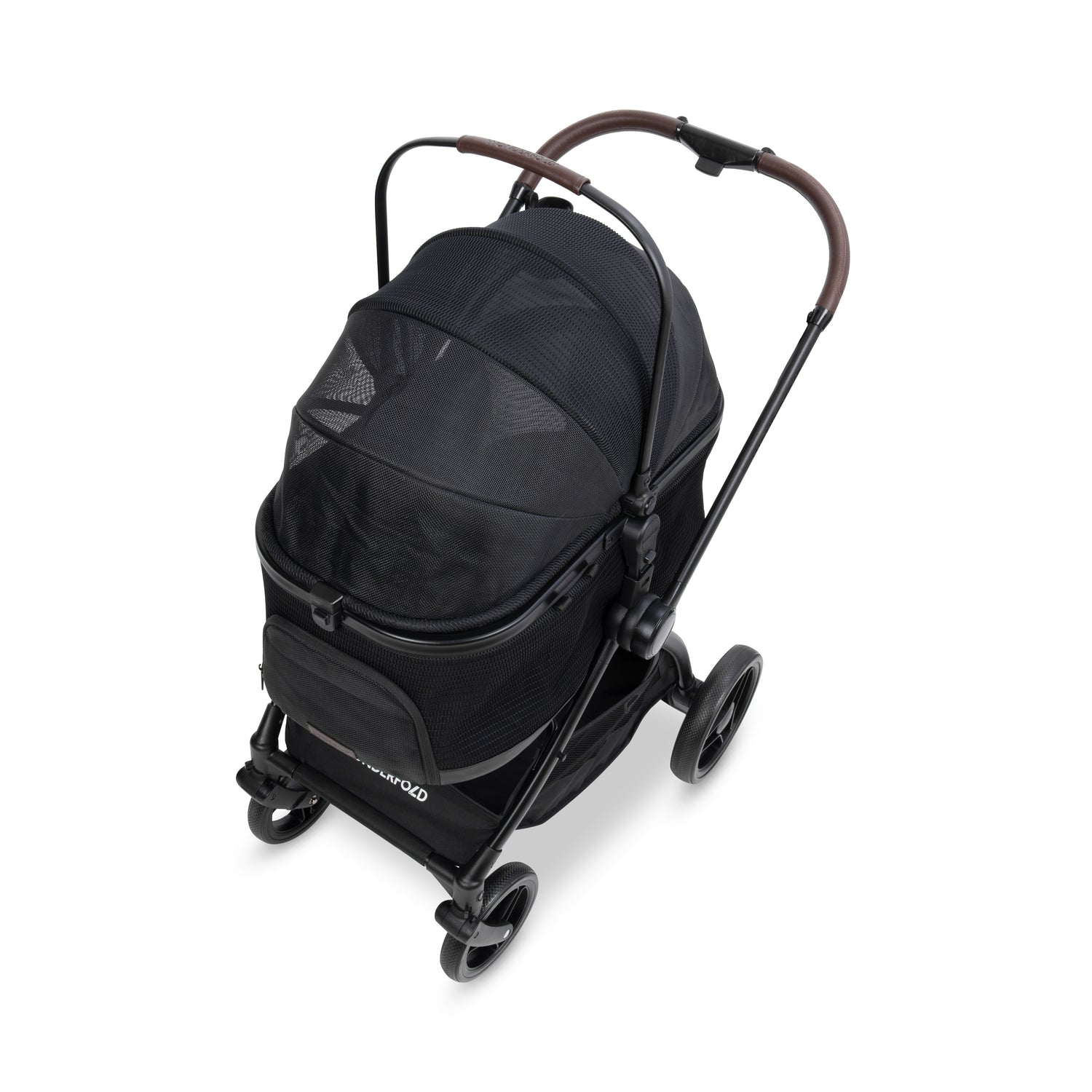 Angled top view of the P3 Pet Stroller featuring brown faux leather handle and zippered mesh door.
