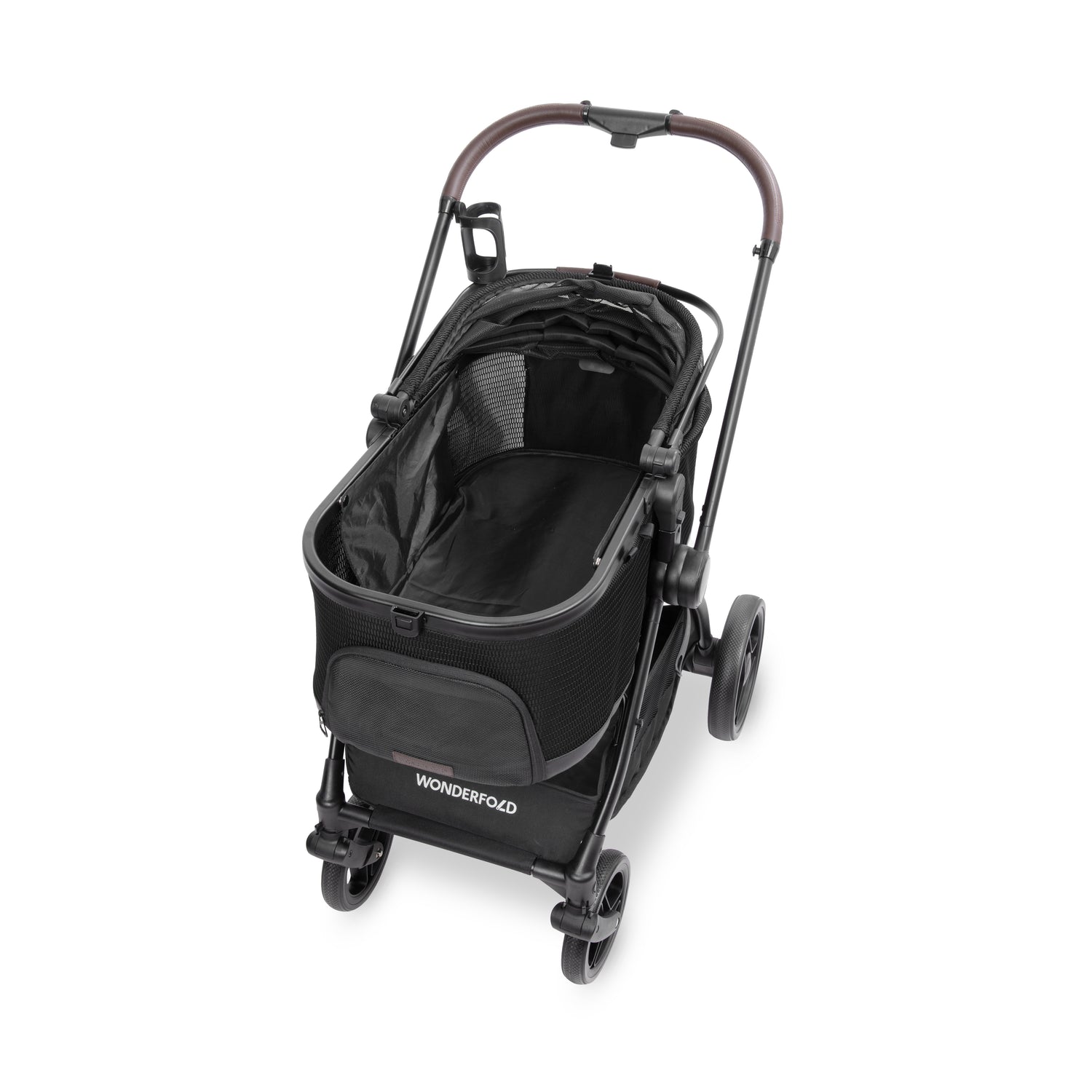 Top-down view of the P3 Pet Stroller with canopy fully open, showing spacious pet interior.