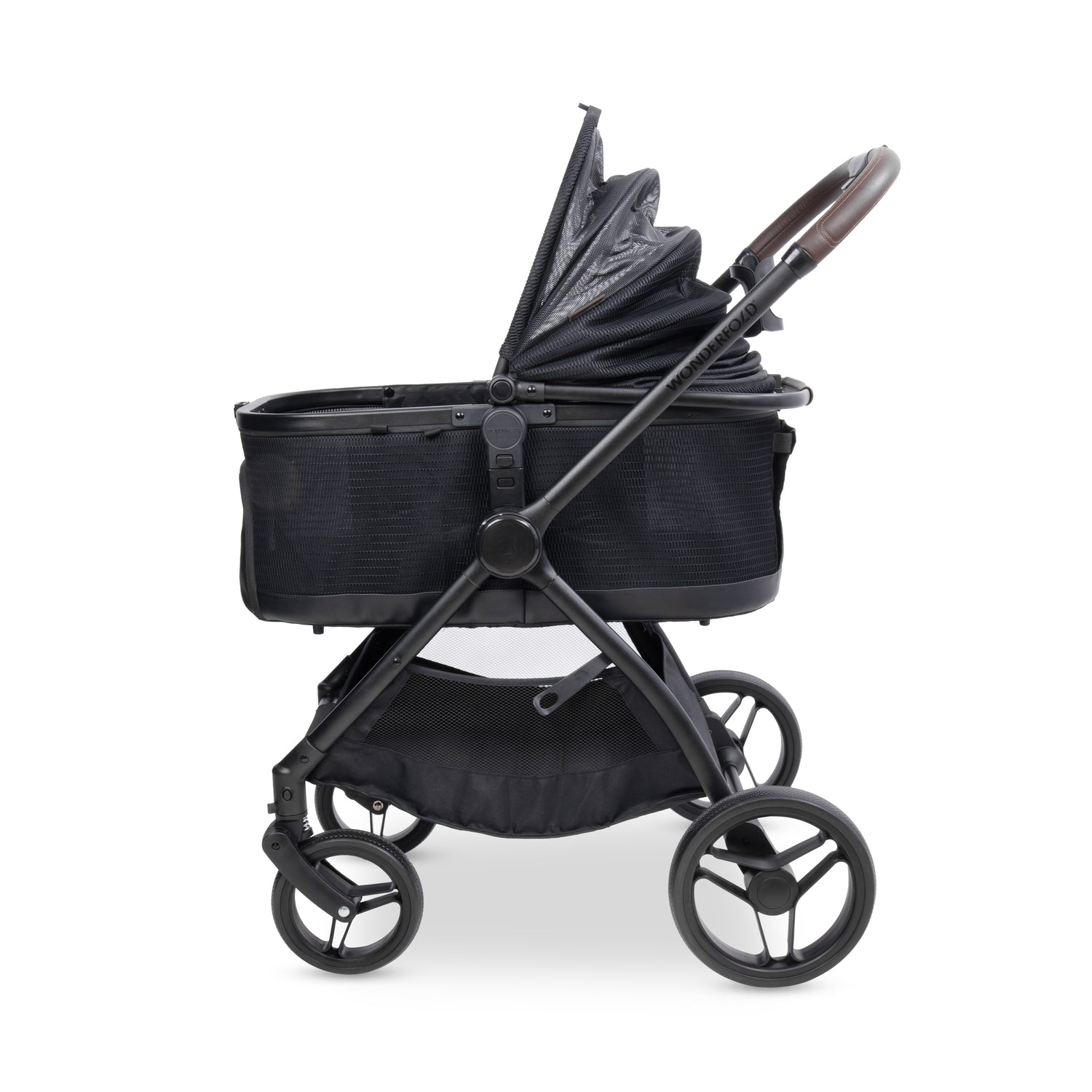 Side profile of the P3 Pet Stroller with the canopy partially closed for adjustable coverage.