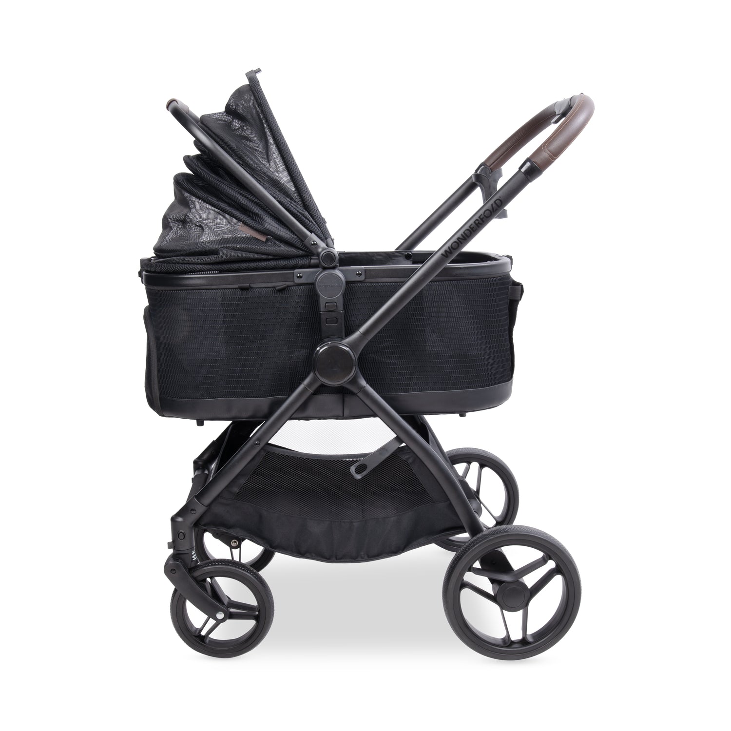 Side view of the P3 Pet Stroller with canopy fully open, highlighting wide dual entry points.