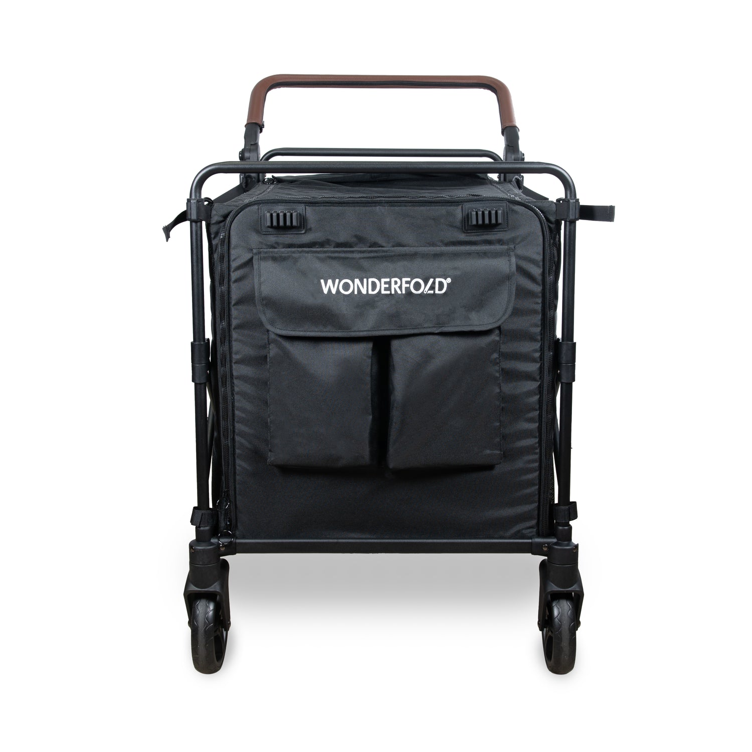 Front view of the PXL Large Pet Stroller Wagon in black, featuring dual front pockets and WonderFold logo.