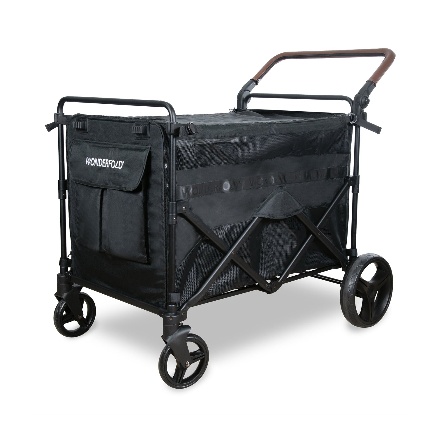 Angled view of the PXL Large Pet Stroller Wagon showing spacious interior and rear handlebar.