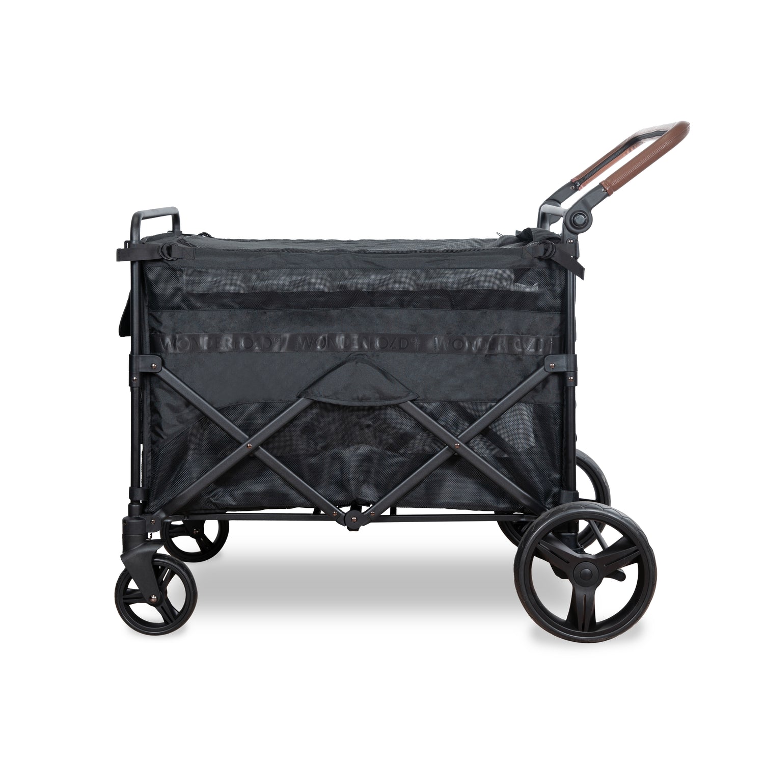 Side profile of the PXL Large Pet Stroller Wagon highlighting mesh windows and crossbar frame.