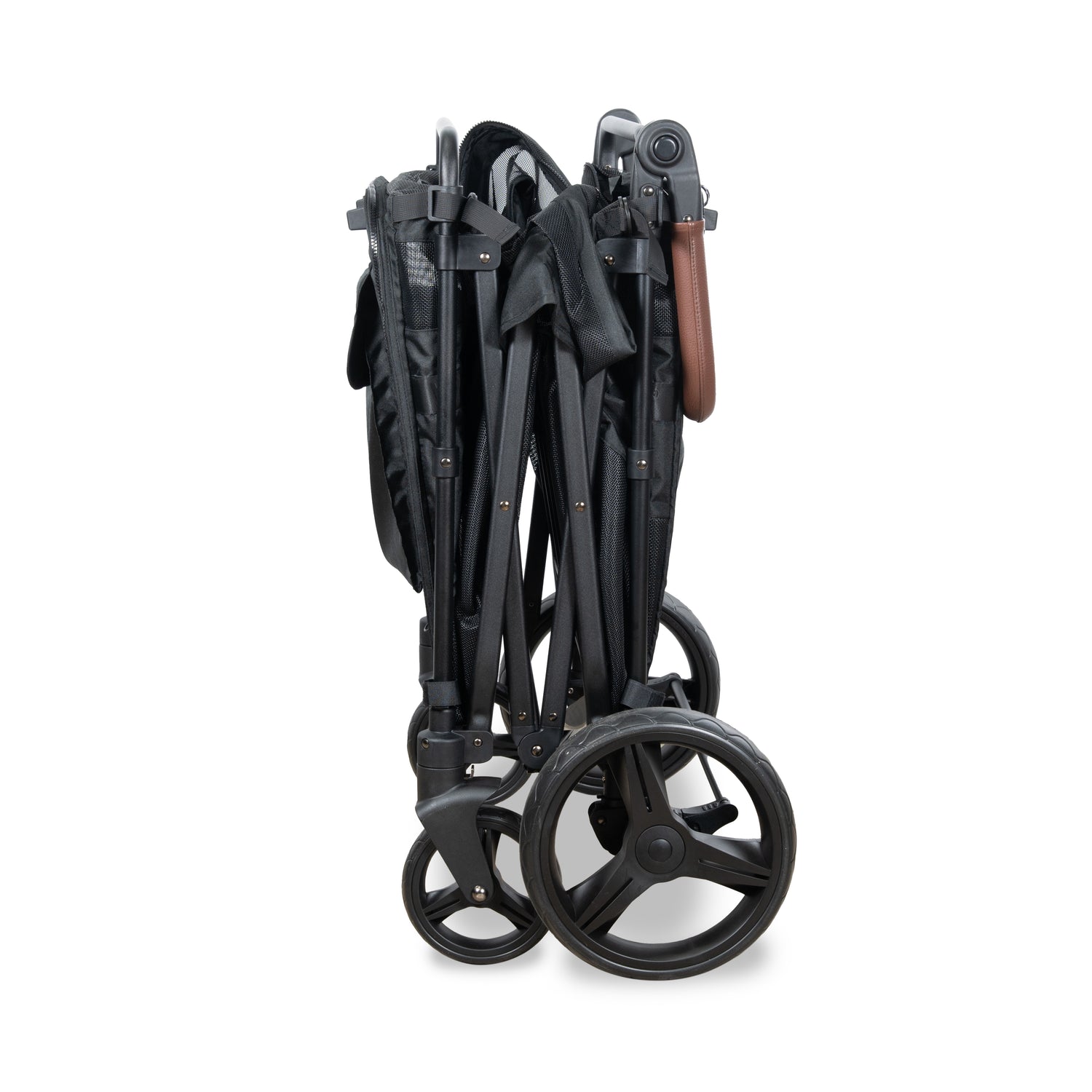 Folded side view of the PXL Large Pet Stroller Wagon standing upright for convenient storage.