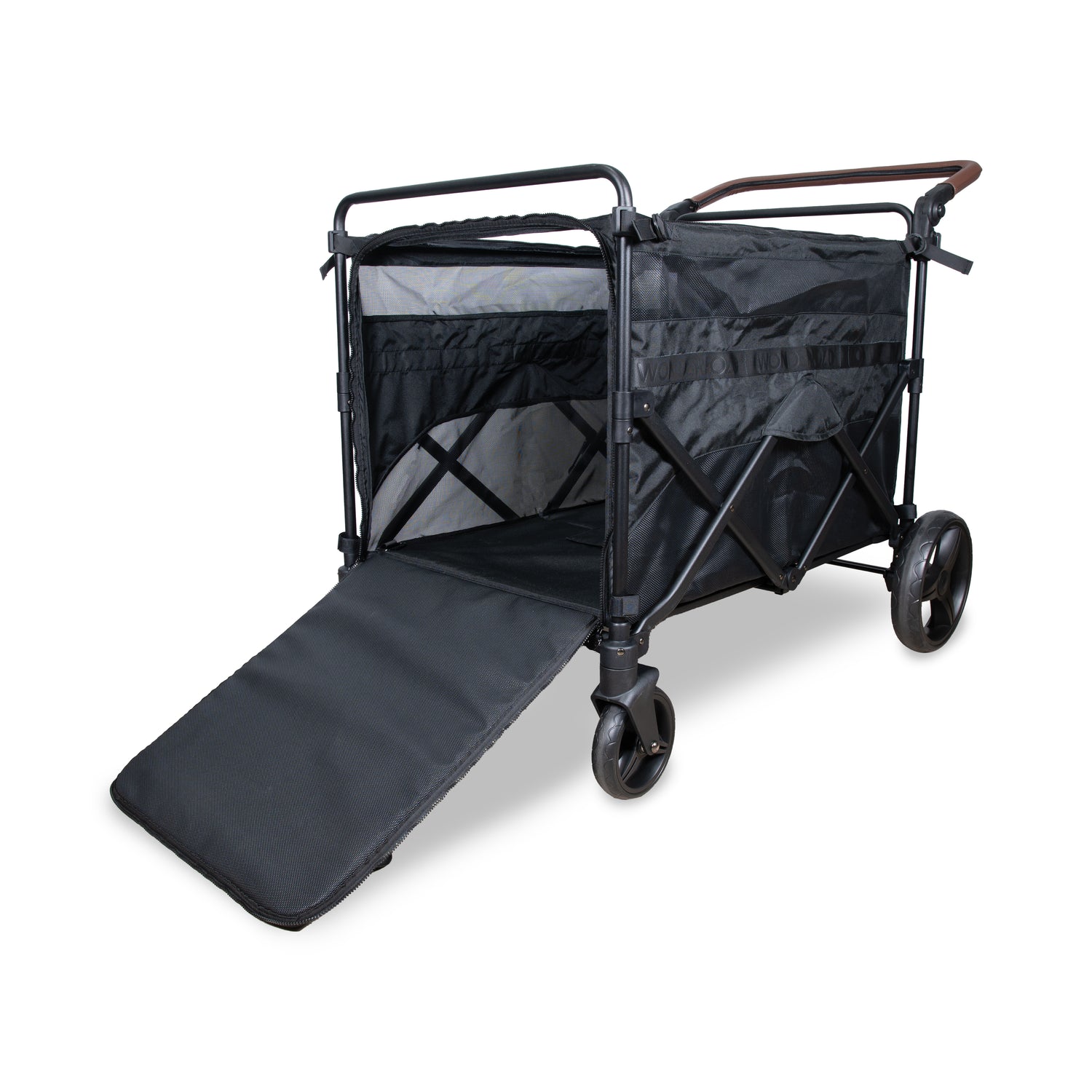 Front ramp view of the PXL Large Pet Stroller Wagon with the zippered entryway open for pet access.