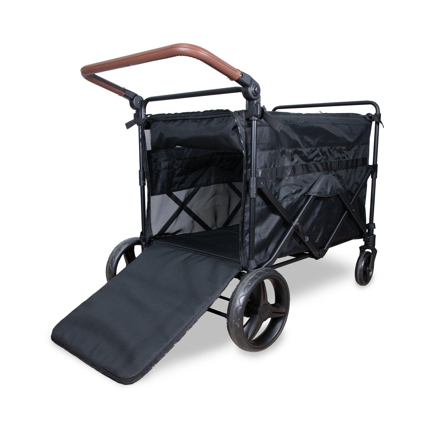 Rear ramp view of the PXL Large Pet Stroller Wagon with the zippered entryway open for pet access.